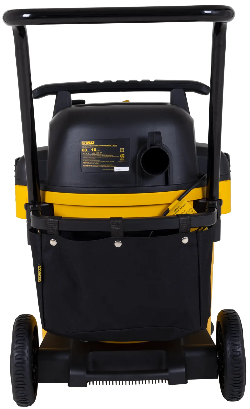 Rear view of a DEWALT DXV16PA wheeled shop vacuum, featuring a black and yellow body with a large handle and a black storage pouch attached, designed for heavy-duty cleaning tasks.