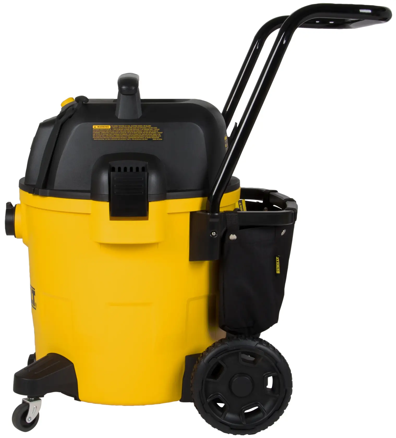 A yellow and black DEWALT wet/dry vacuum with a large capacity, wheeled base, black handle, and attached storage pouch, shown in profile view.