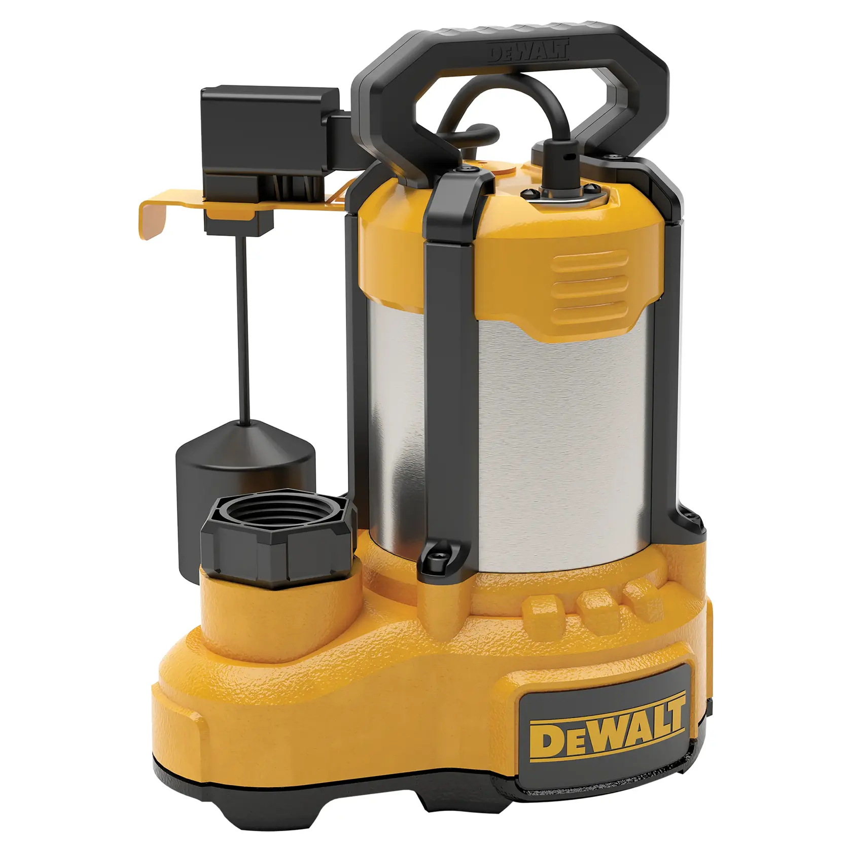 A DEWALT branded submersible water pump with a yellow and black design, featuring a sturdy handle, float switch, and connection port, intended for heavy-duty water removal tasks.