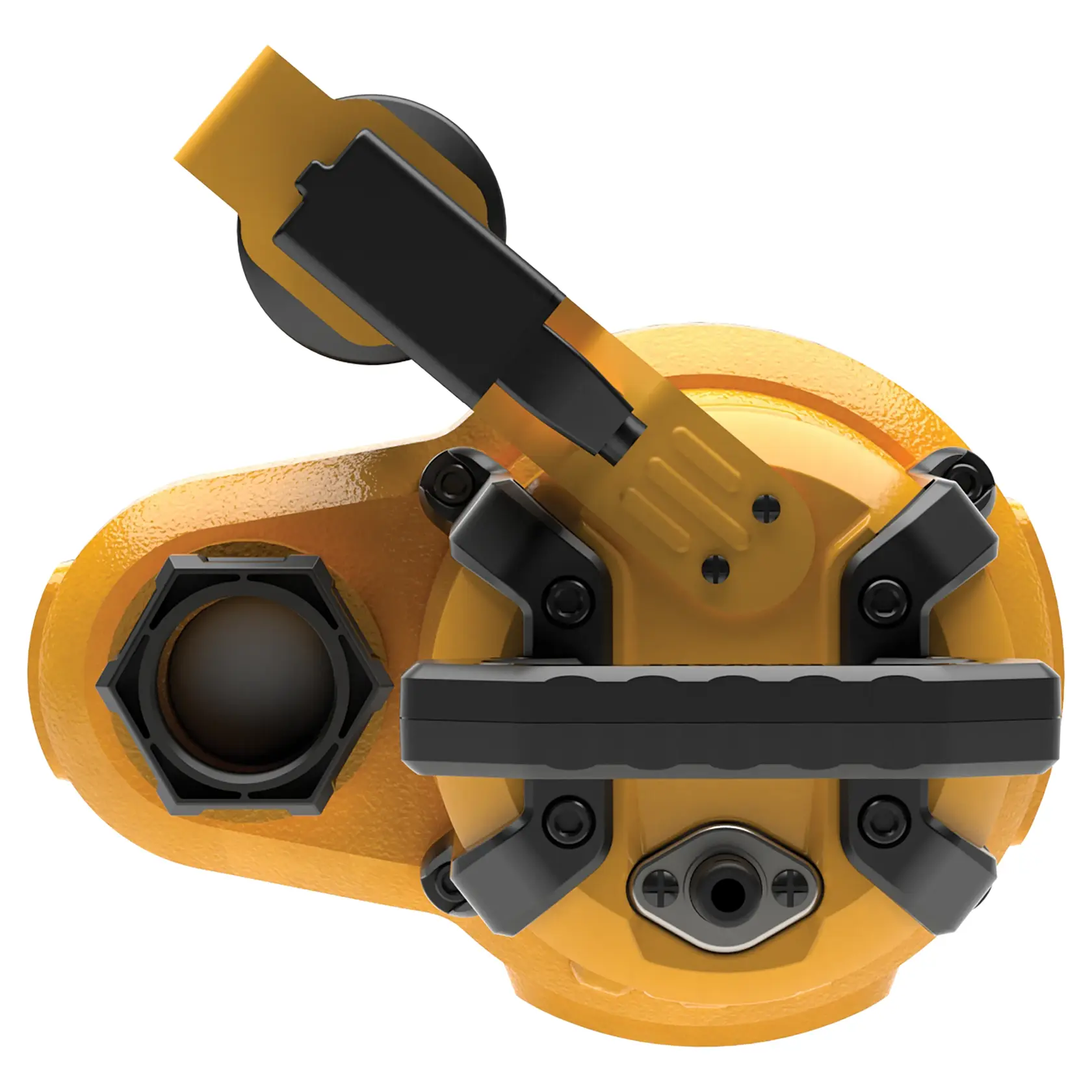 Top view of a DEWALT yellow and black mechanical device, likely a power tool component, featuring a circular section with screws and a handle attachment.