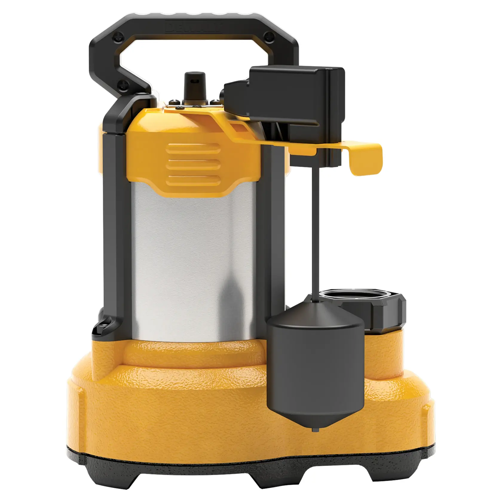 A DEWALT submersible utility pump with a yellow and black durable body, top handle for carrying, and attached float switch for automatic operation.