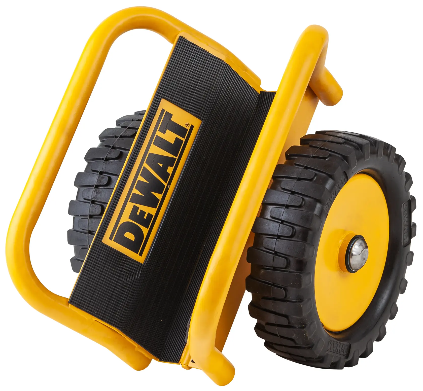 A DEWALT-branded yellow and black tool accessory with two heavy-duty rubber wheels and a sturdy handle, designed for transporting equipment, shown against a white background.
