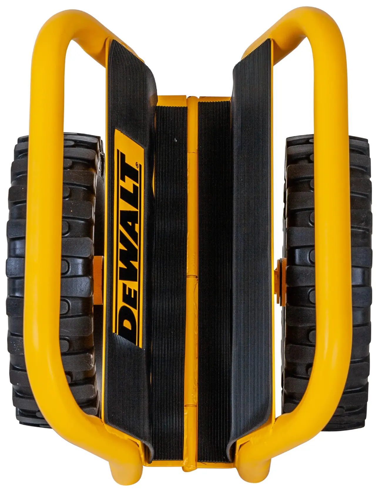 Top view of a DEWALT-branded yellow hand truck or utility cart with two large black wheels and a sturdy frame.