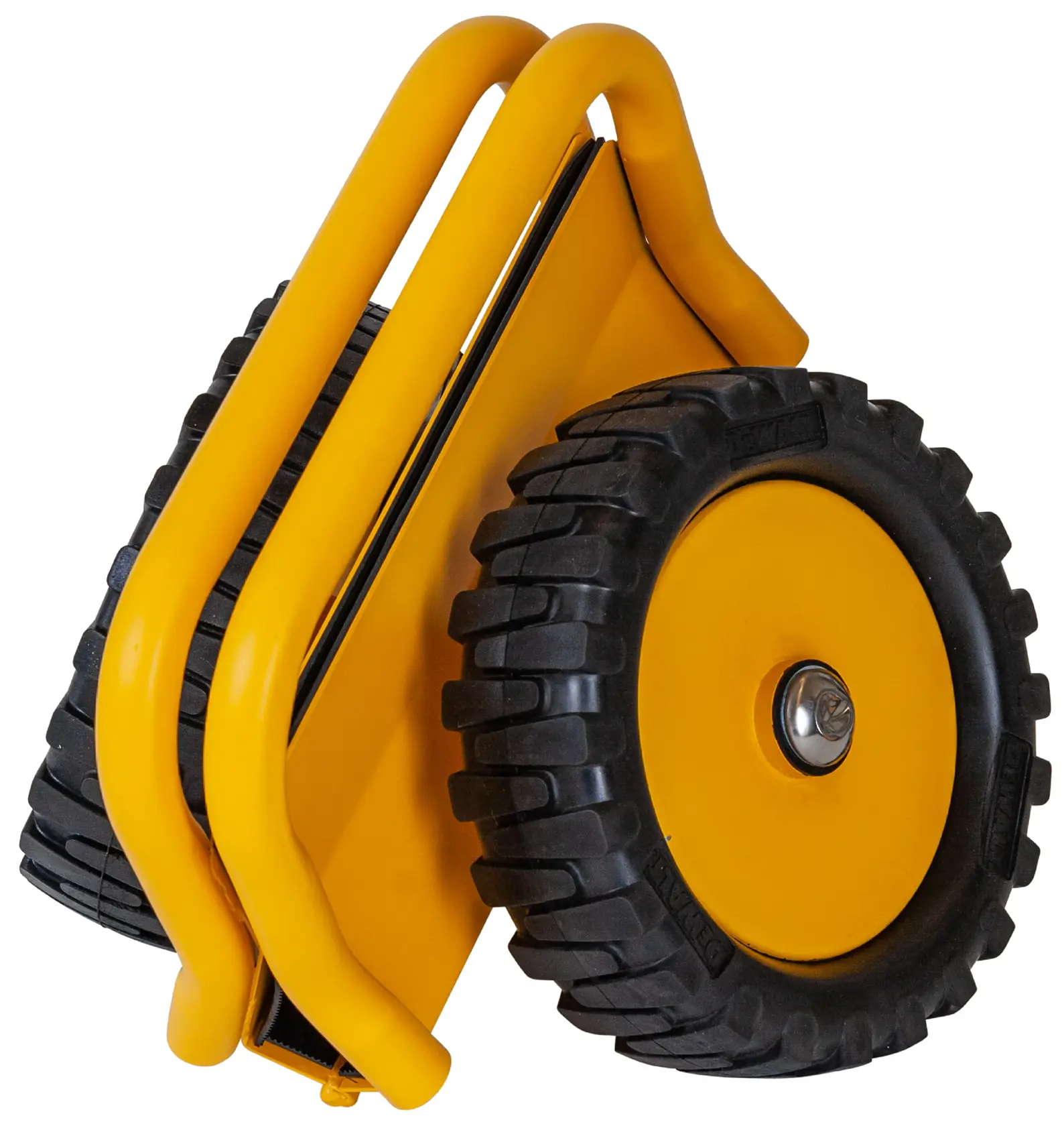 Close-up of a yellow DEWALT hand truck wheel assembly with black rubber tires.