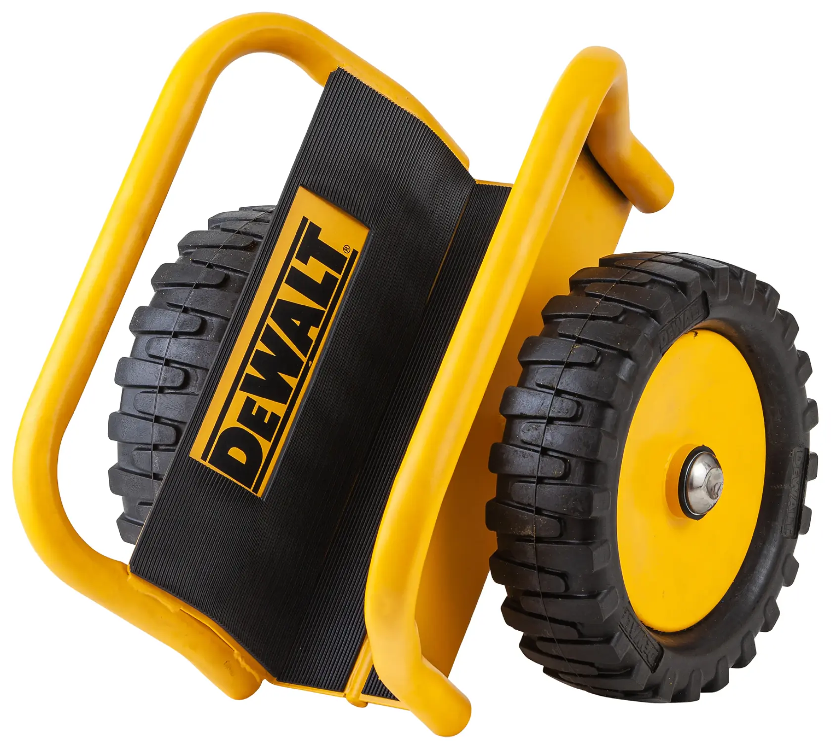 A DEWALT-branded yellow and black heavy-duty photography equipment cart with large rubber wheels and sturdy handles.