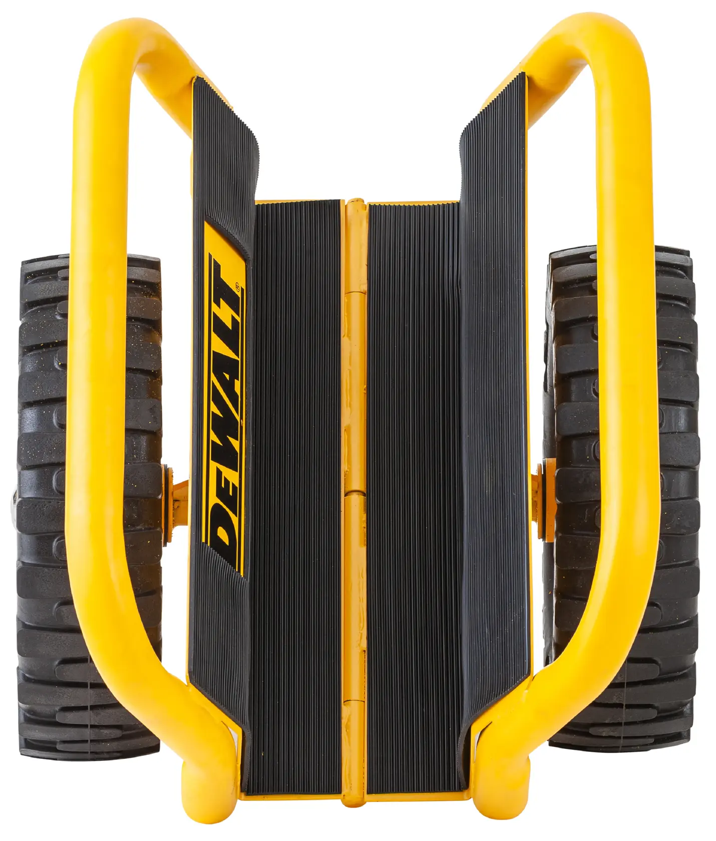 Top view of a DEWALT portable folding platform with yellow metal handles and large black rubber wheels.