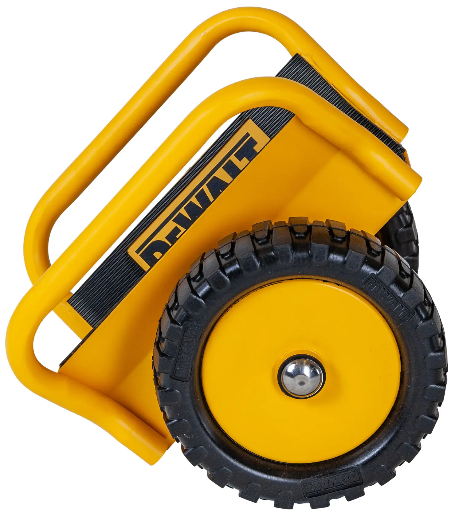 A close-up image of a DEWALT-branded yellow photography accessory with large rugged black wheels and sturdy handles, designed for mobility and durability.
