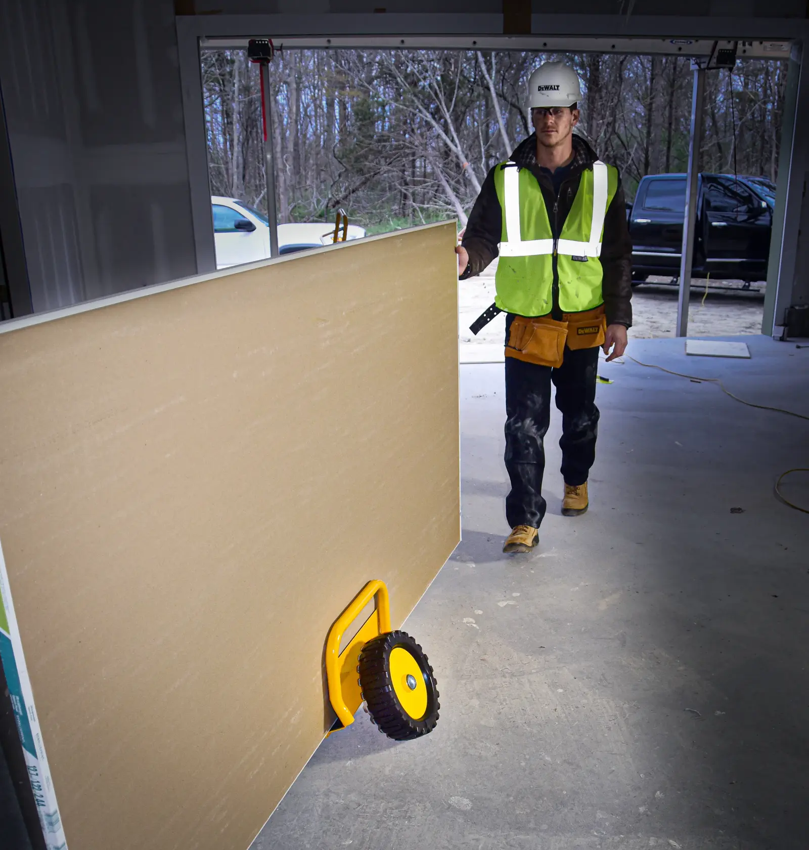 A construction worker wearing a safety vest and hard hat is using a yellow DEWALT panel dolly (DXWT-PS201) to transport a large drywall sheet in a building under construction.