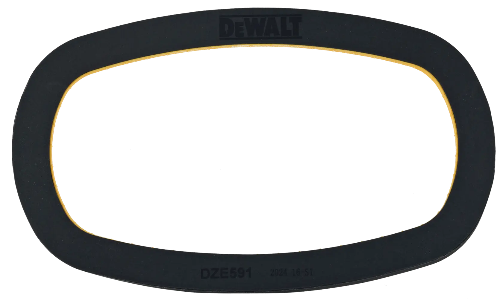 Black DEWALT oval gasket with yellow inner edge, part number DZE591, used for photography equipment.