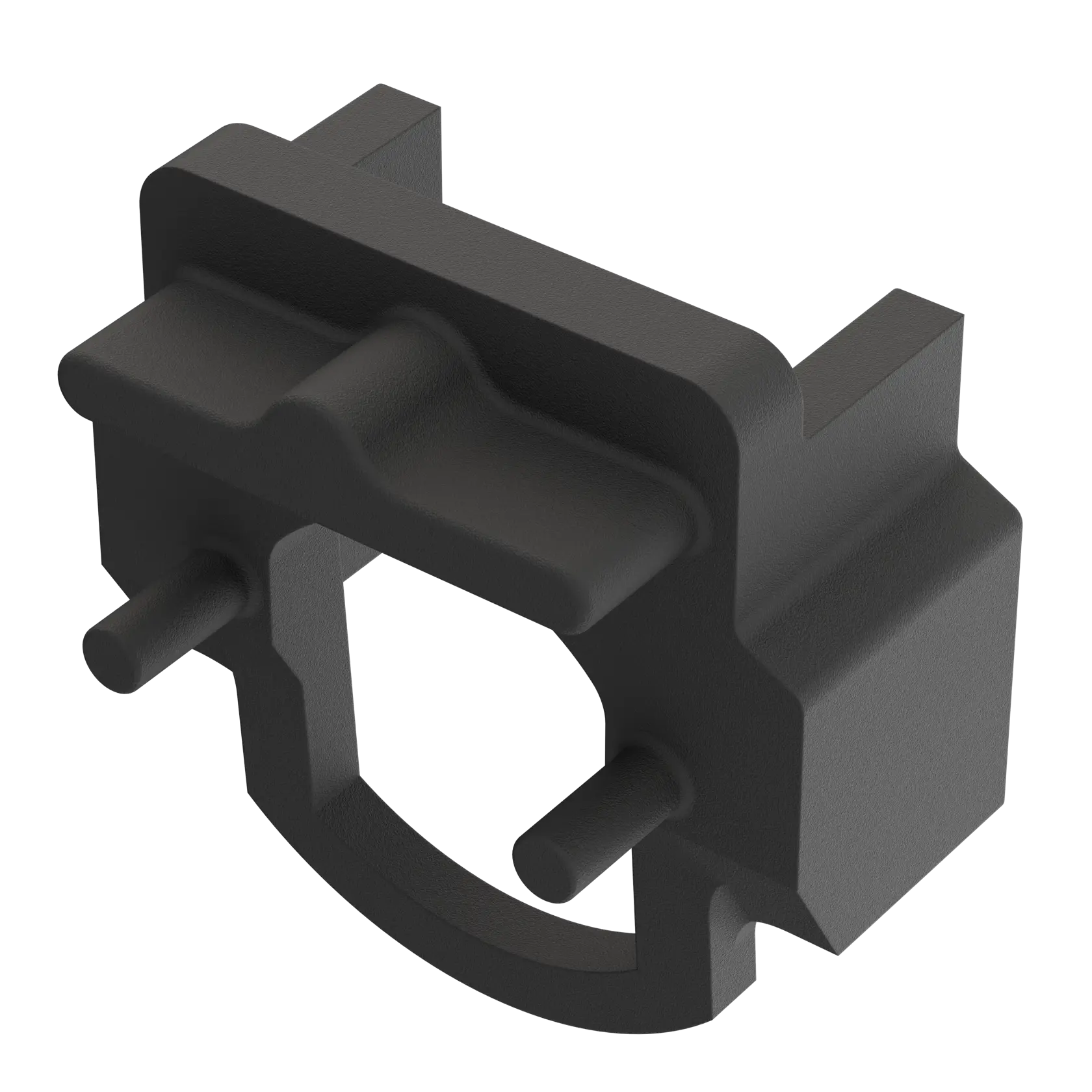 A close-up view of a black, industrial metal component with two cylindrical protrusions and an angular design, likely used as a part in machinery or equipment.