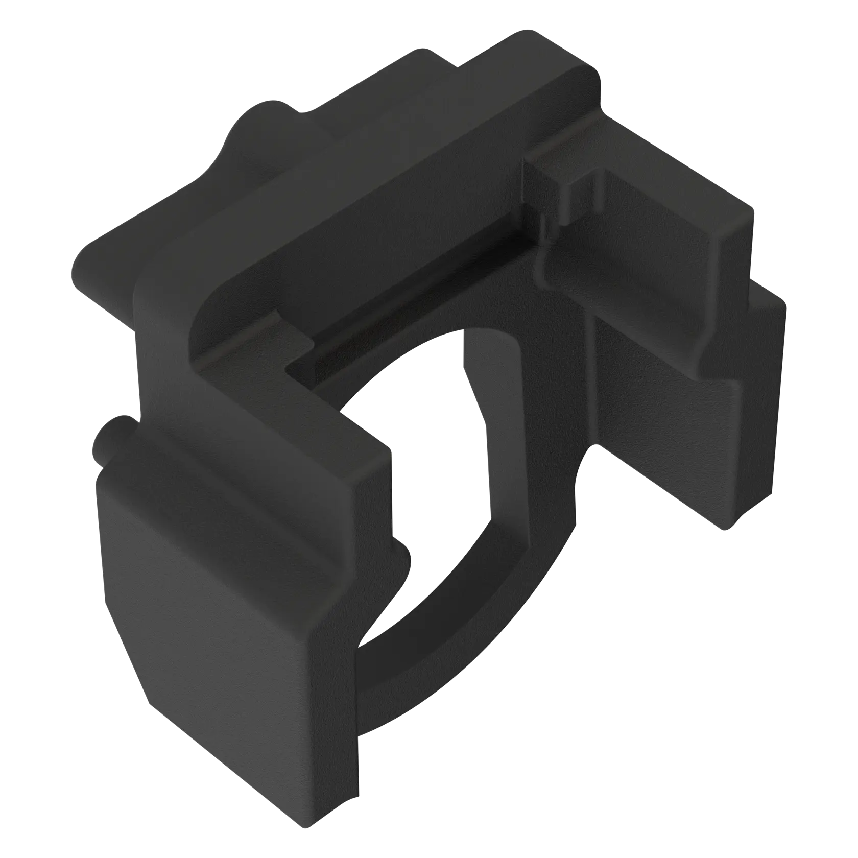 A black, solid plastic or metal mounting bracket with a geometric design, viewed from an angled perspective.