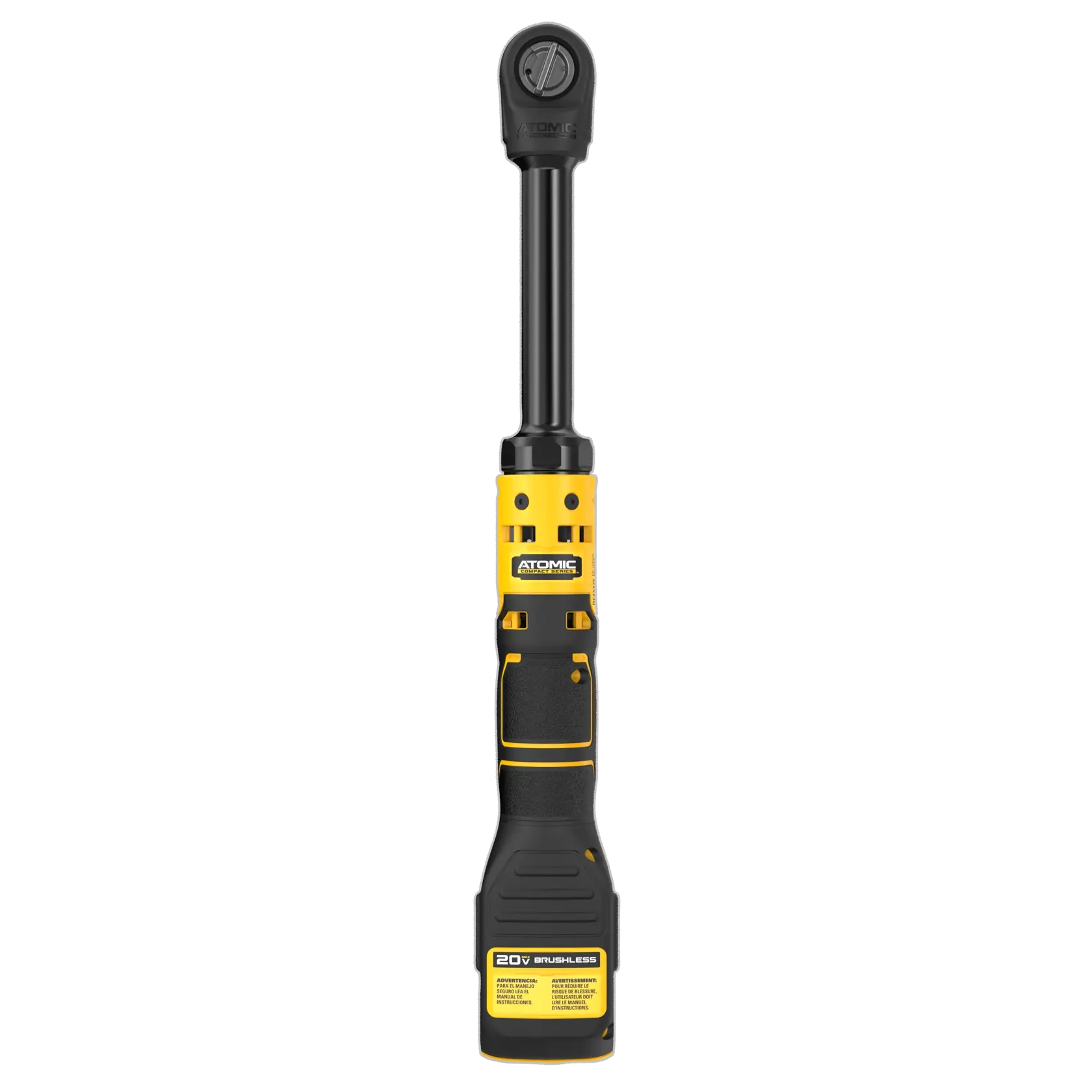 A DEWALT 20V Atomic brushless cordless ratchet tool with a yellow and black design is shown standing upright against a white background.