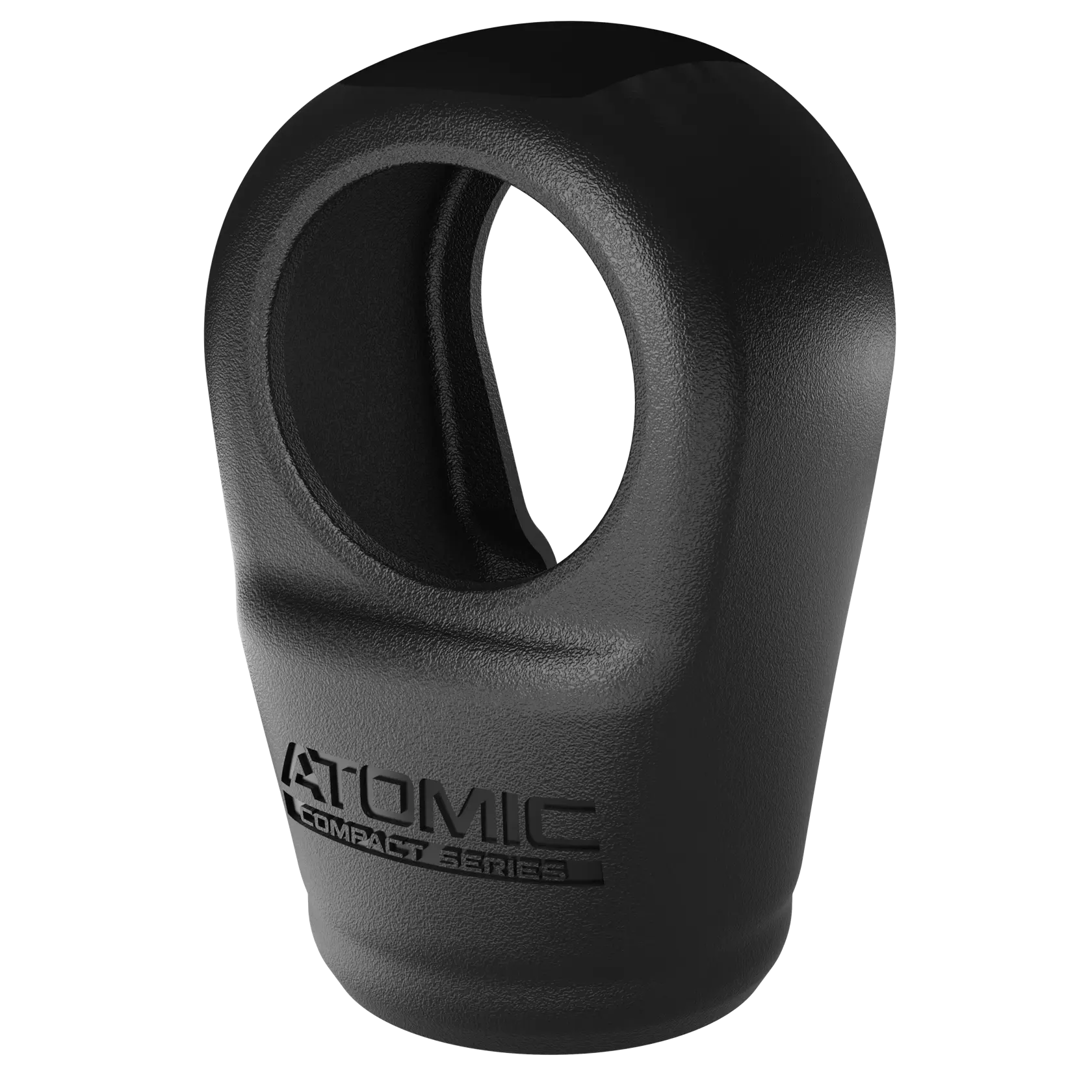 A black, textured cylindrical accessory with a large oval opening, labeled 'Atomic Compact Series' on the front. The product is designed for use with DEWALT tools and photographed against a plain white background.