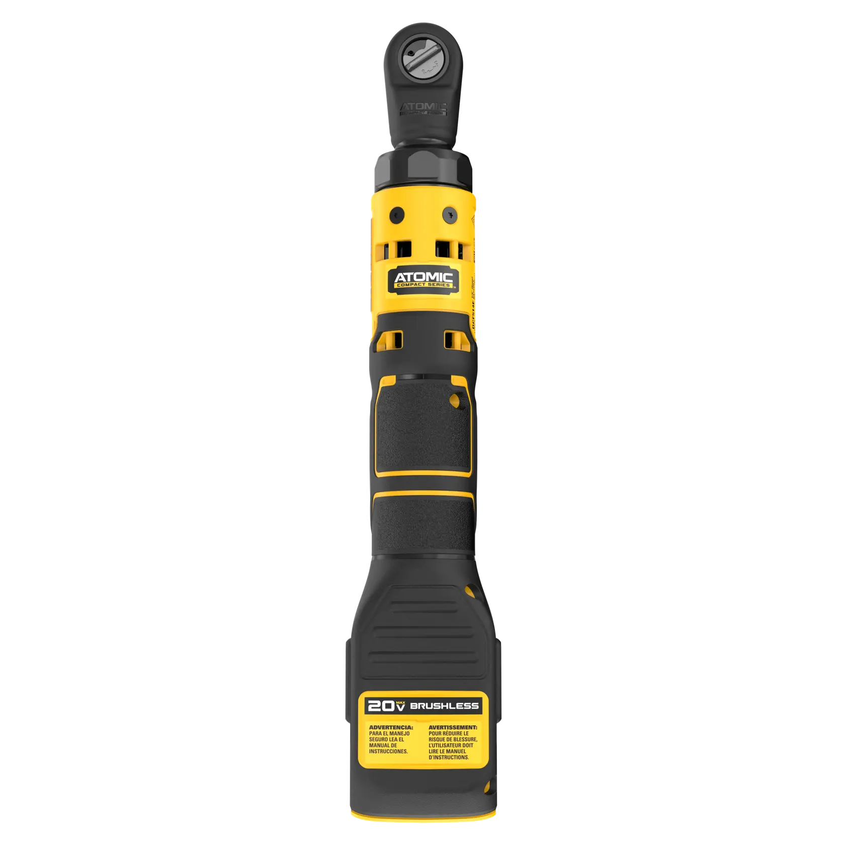 A DEWALT Atomic series 20V brushless cordless ratchet tool, primarily yellow and black in color, shown upright against a white background.